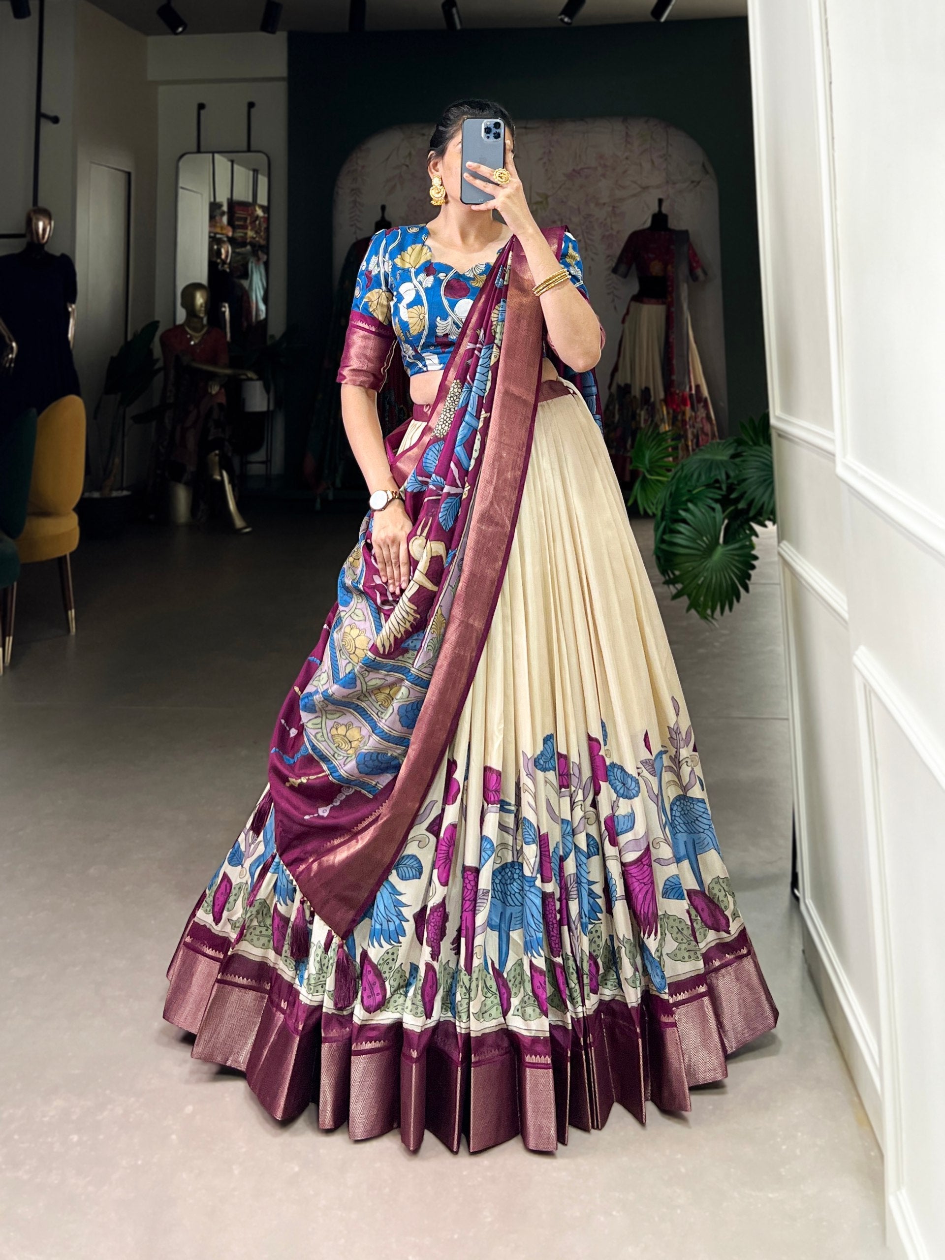 Ivory & Maroon Tussar Silk Kalamkari Lehenga – A Heritage Affair
