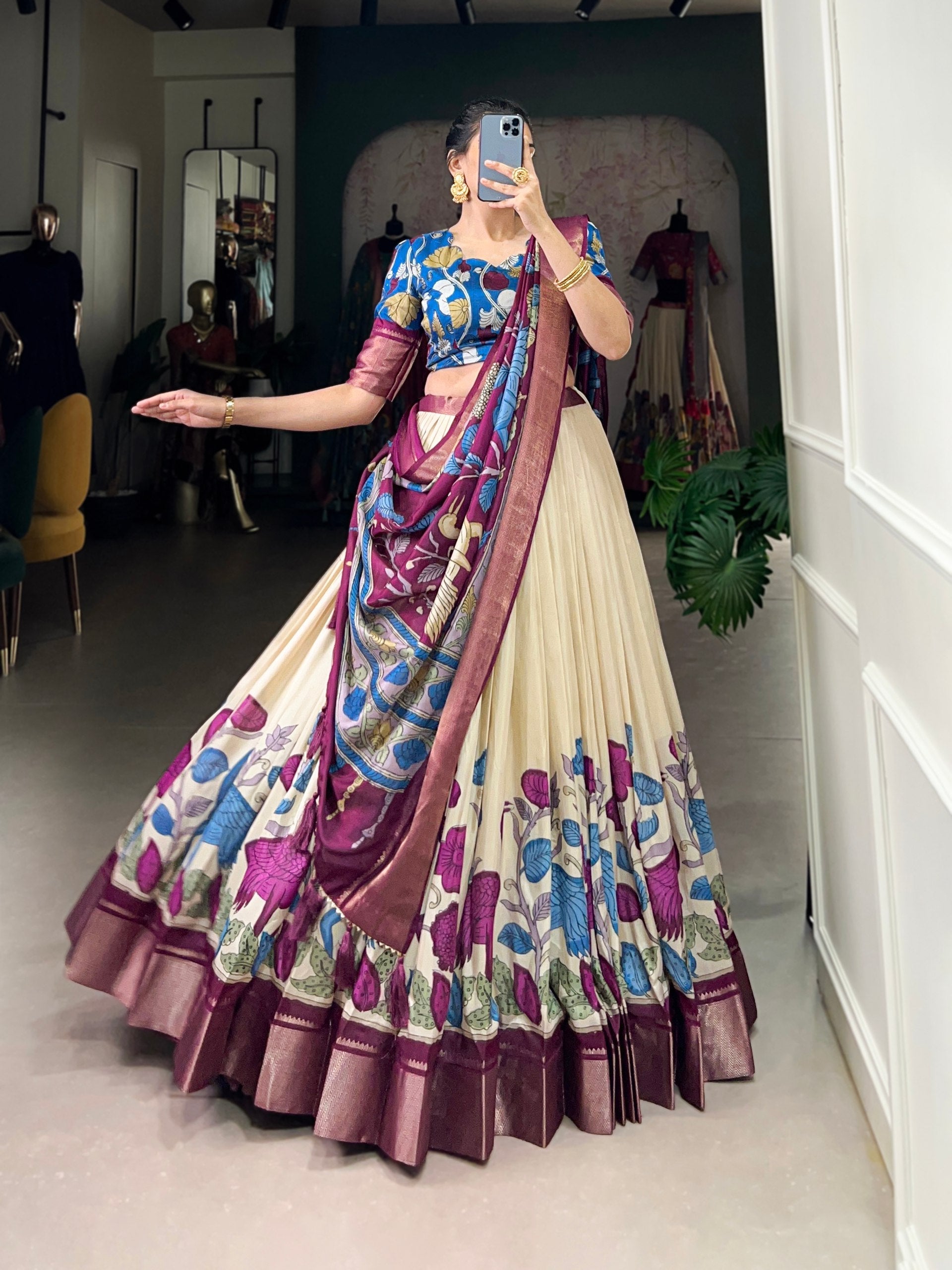Ivory & Maroon Tussar Silk Kalamkari Lehenga – A Heritage Affair