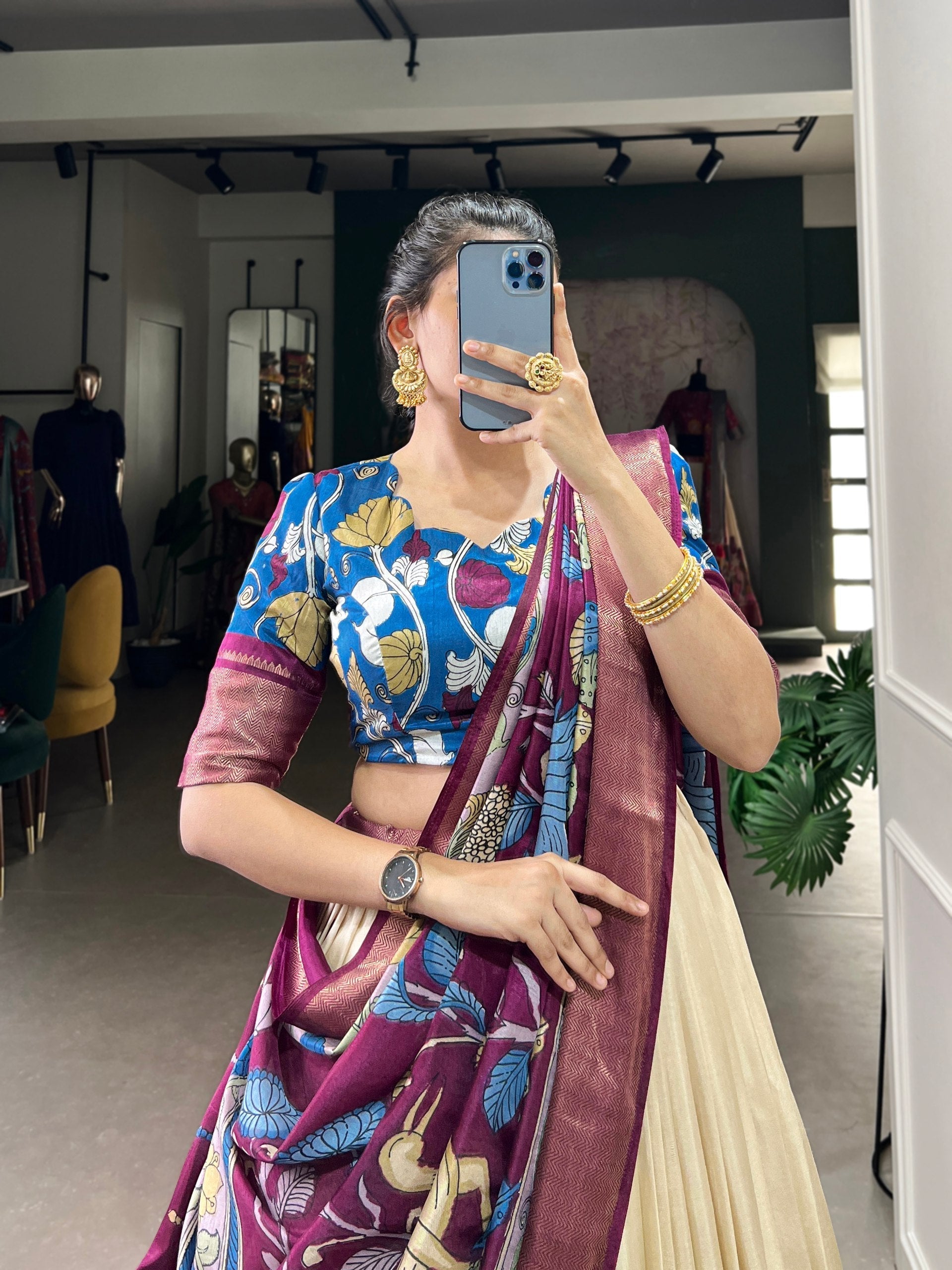Ivory & Maroon Tussar Silk Kalamkari Lehenga – A Heritage Affair