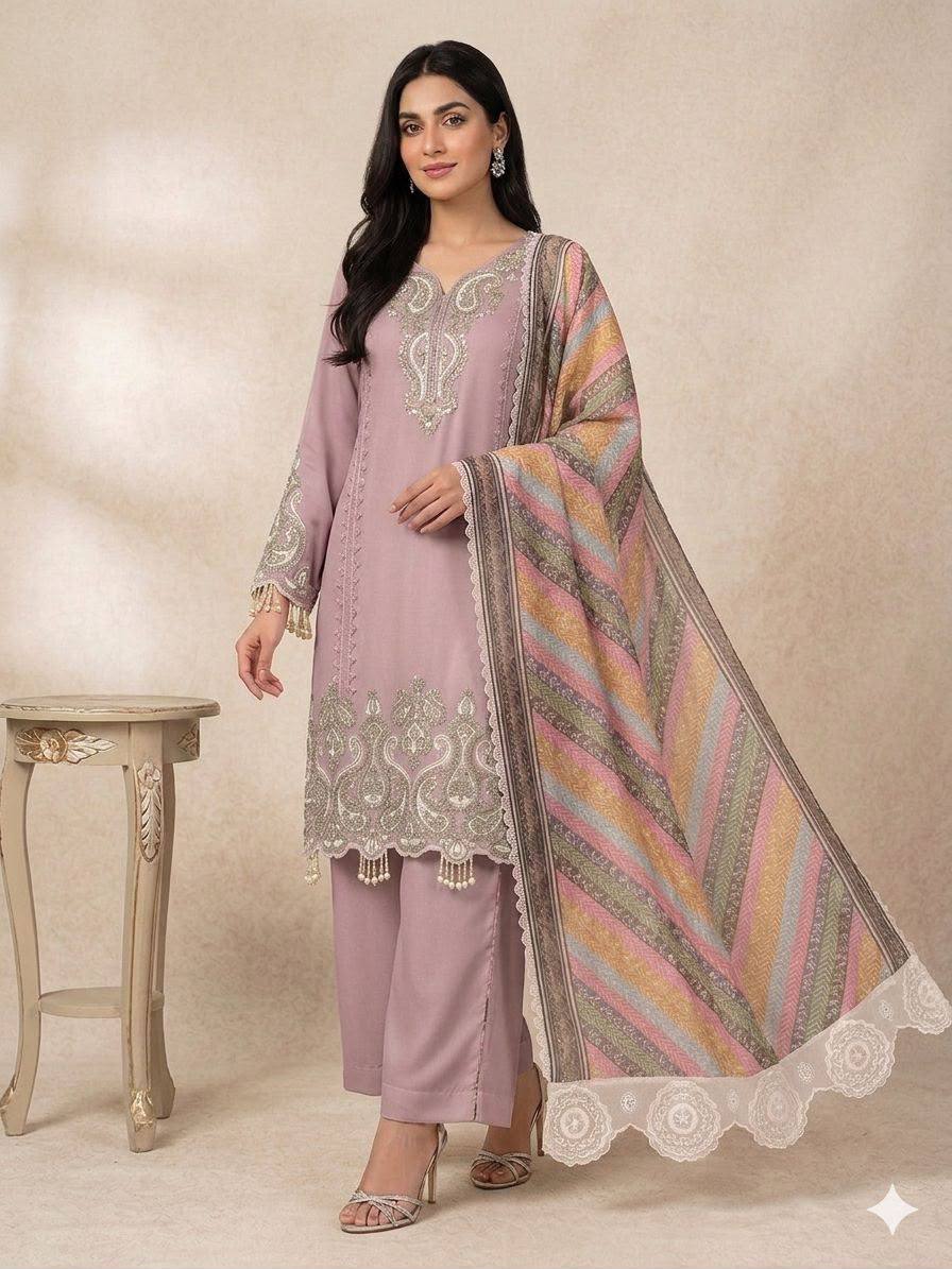 Lavender-Pink Embroidered Straight Kurta Pant Set with Scalloped Lace Dupatta