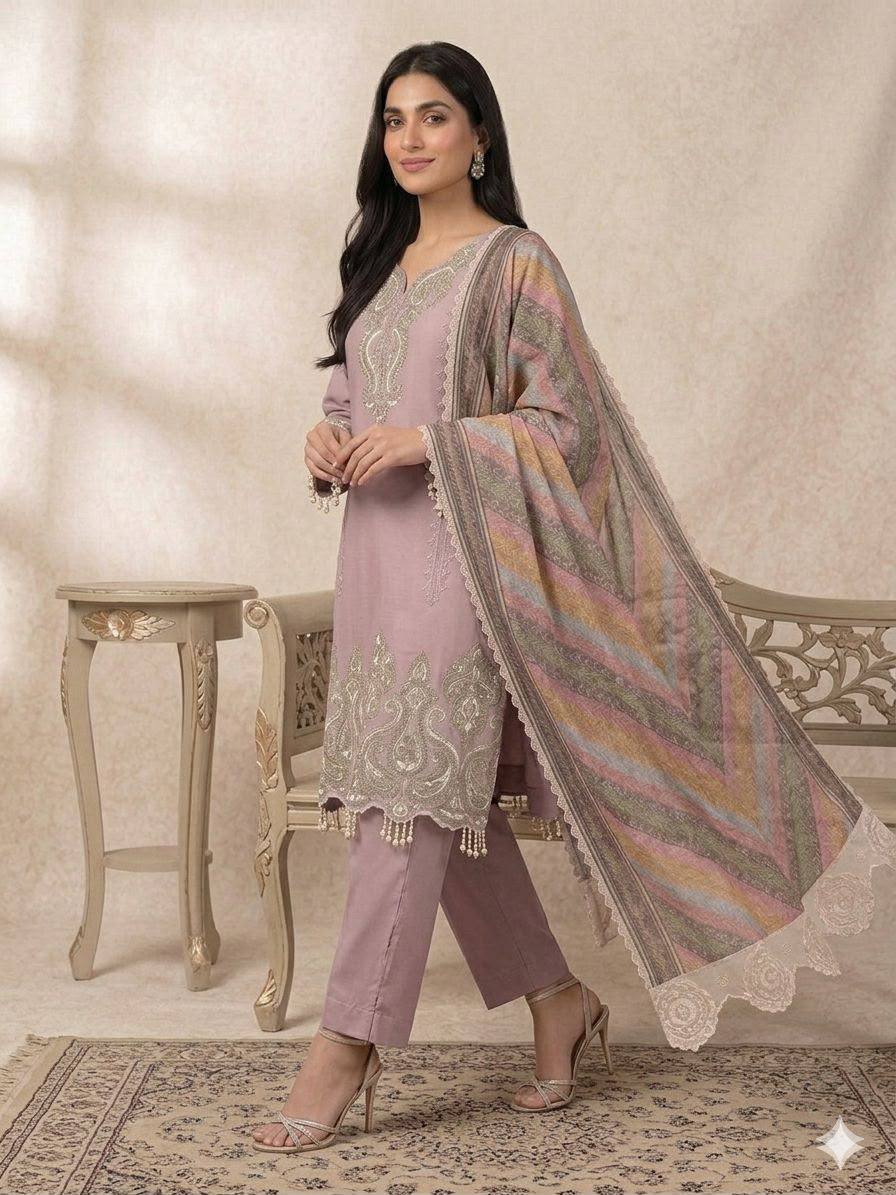 Lavender-Pink Embroidered Straight Kurta Pant Set with Scalloped Lace Dupatta