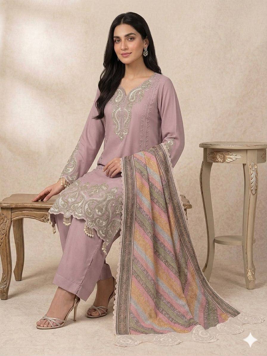 Lavender-Pink Embroidered Straight Kurta Pant Set with Scalloped Lace Dupatta