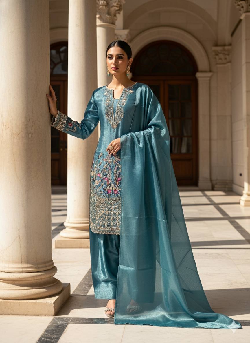 This Festive Session Designer Jimmy Choo Embroidered Top With Farsi Salwaar & Dupatta Set