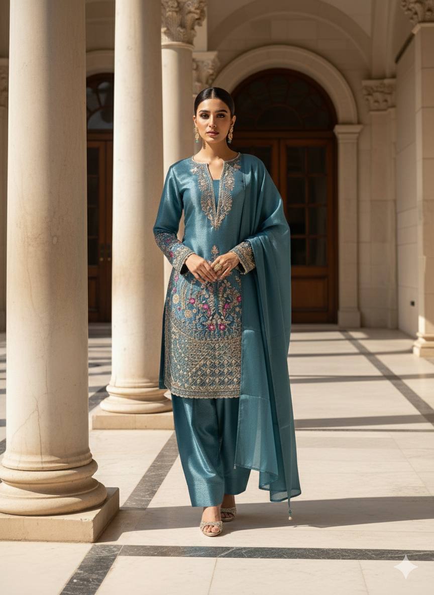 This Festive Session Designer Jimmy Choo Embroidered Top With Farsi Salwaar & Dupatta Set