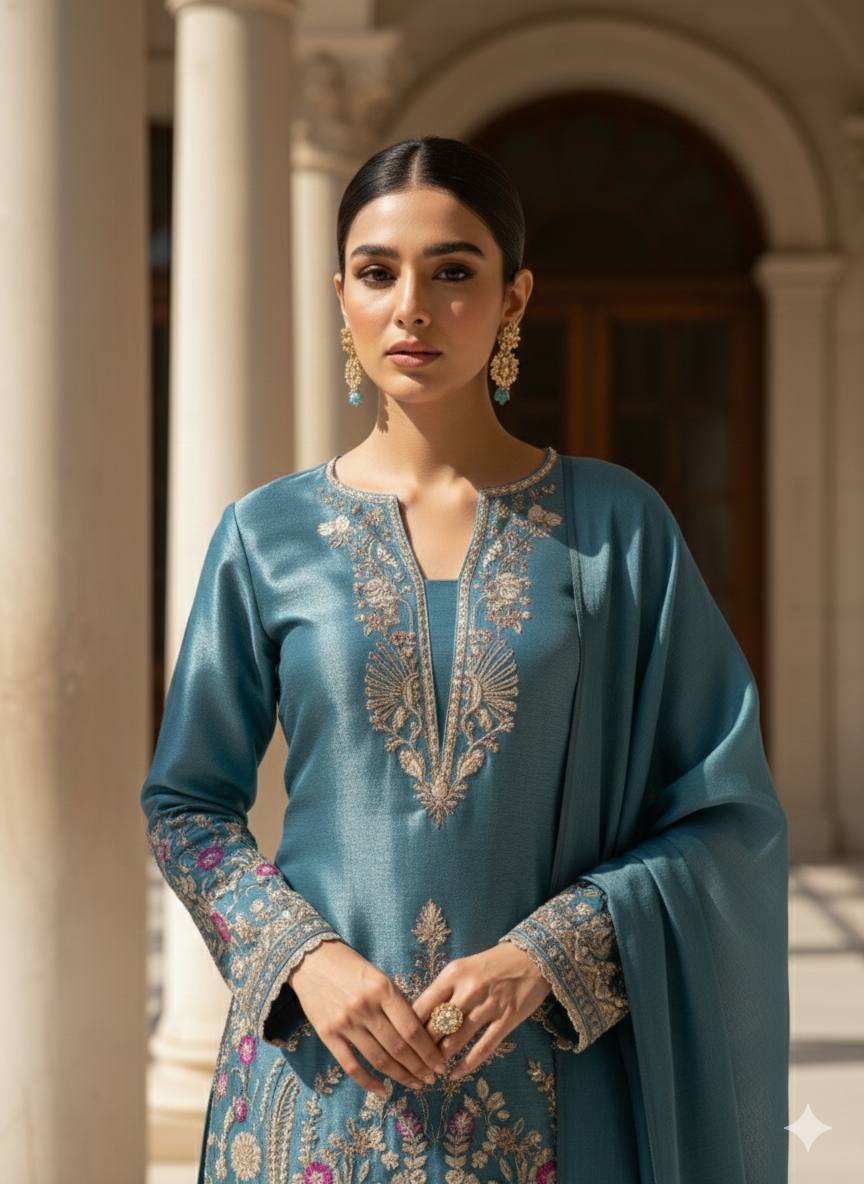 This Festive Session Designer Jimmy Choo Embroidered Top With Farsi Salwaar & Dupatta Set