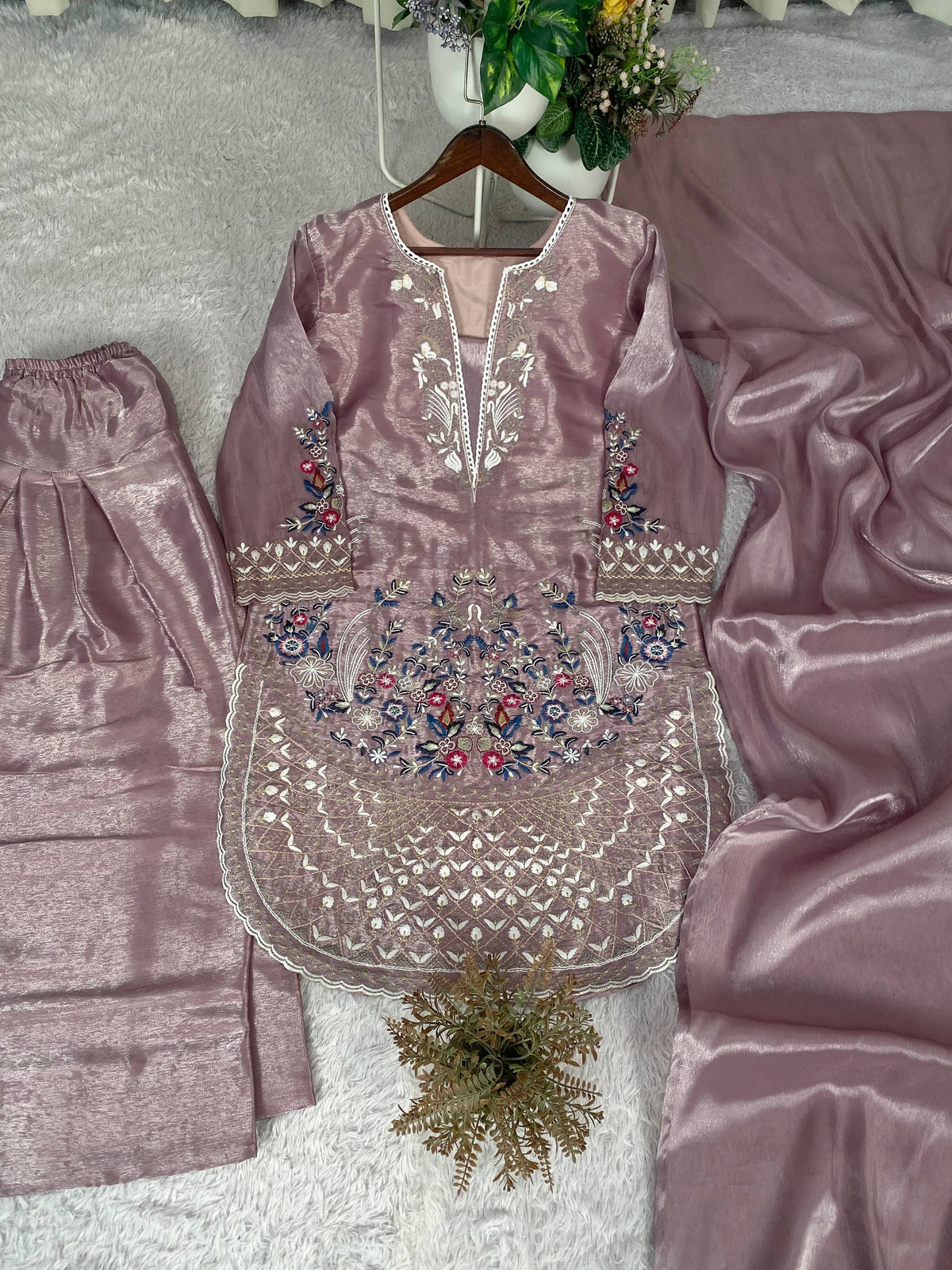 This Festive Session Designer Jimmy Choo Embroidered Top With Farsi Salwaar & Dupatta Set