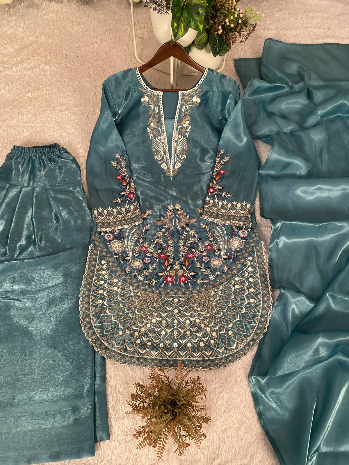 This Festive Session Designer Jimmy Choo Embroidered Top With Farsi Salwaar & Dupatta Set