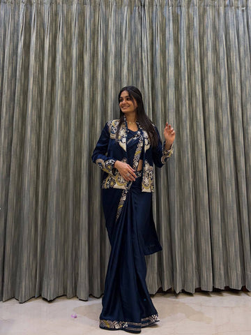 DESIGNER WEAR LAHENGA SAREE WITH LONG BLOUSE AND HEAVY EMBROIDERY WORK