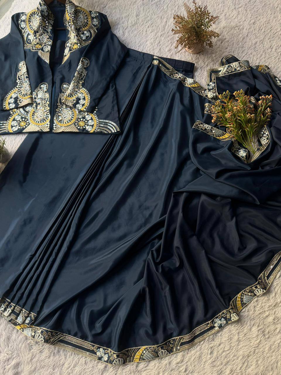 DESIGNER WEAR LAHENGA SAREE WITH LONG BLOUSE AND HEAVY EMBROIDERY WORK