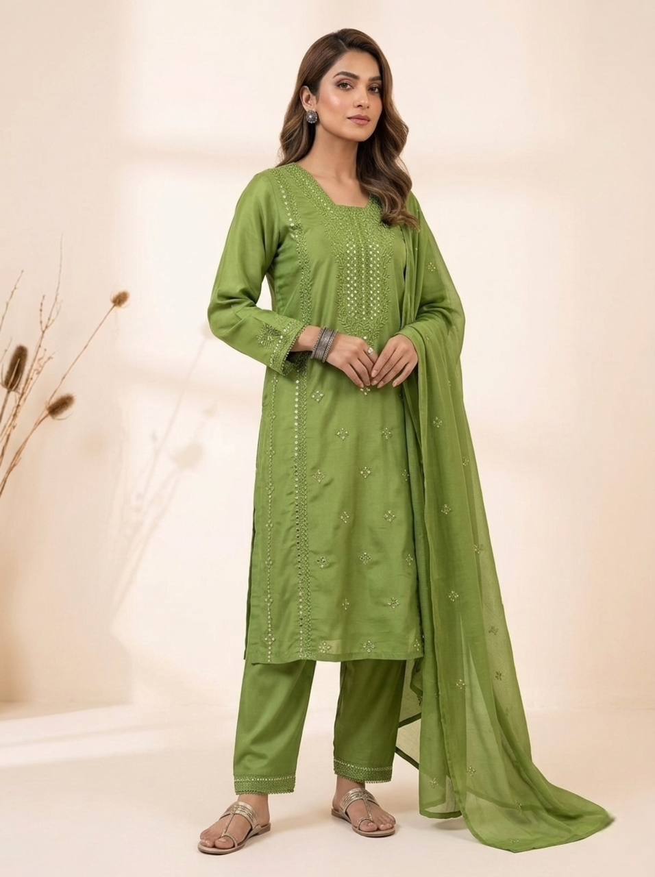 Designer Sequin Embroidered Top, Pant & Dupatta Set