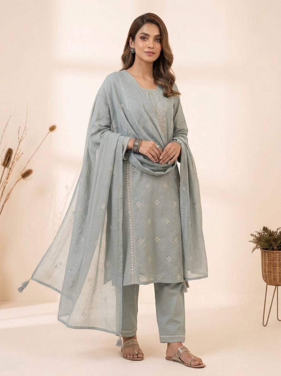 Designer Sequin Embroidered Top, Pant & Dupatta Set