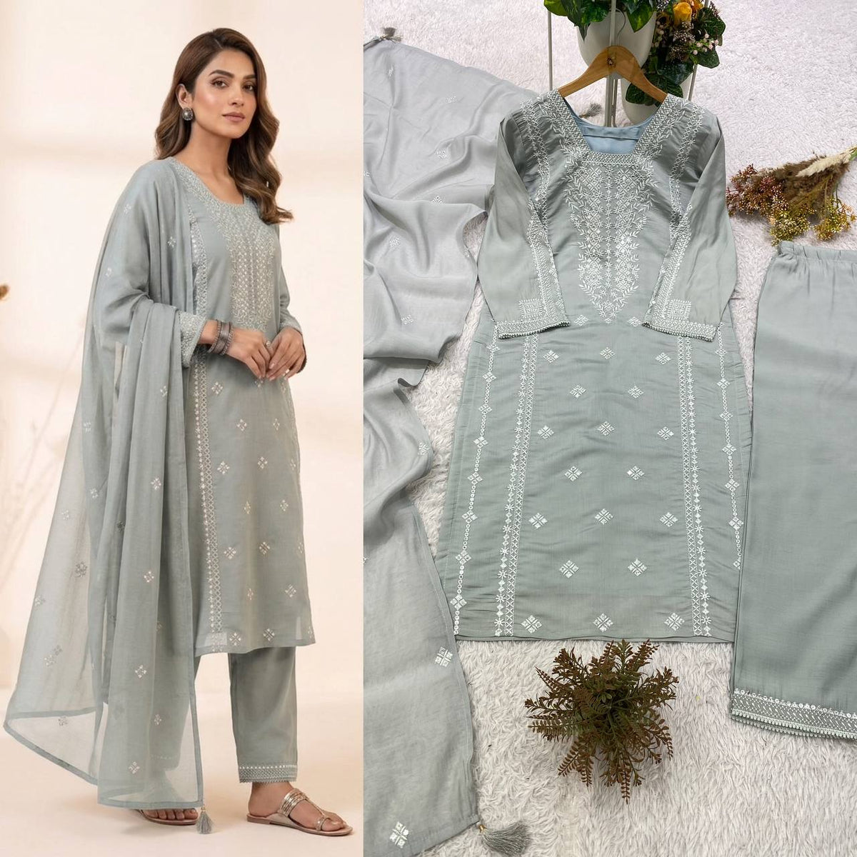 Designer Sequin Embroidered Top, Pant & Dupatta Set