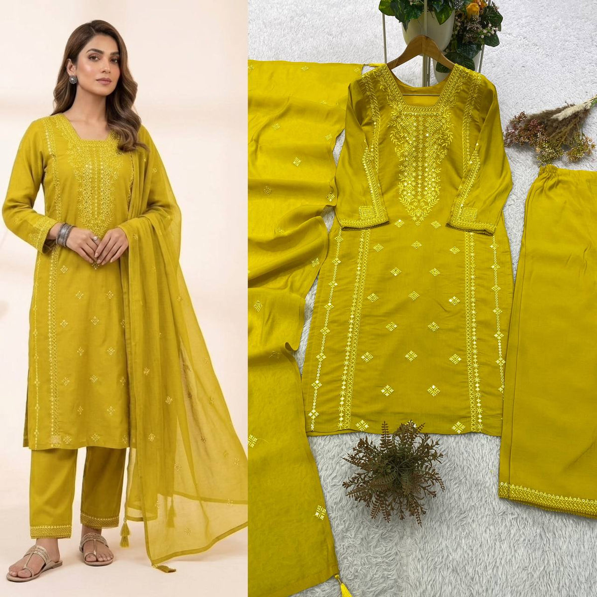 Designer Sequin Embroidered Top, Pant & Dupatta Set