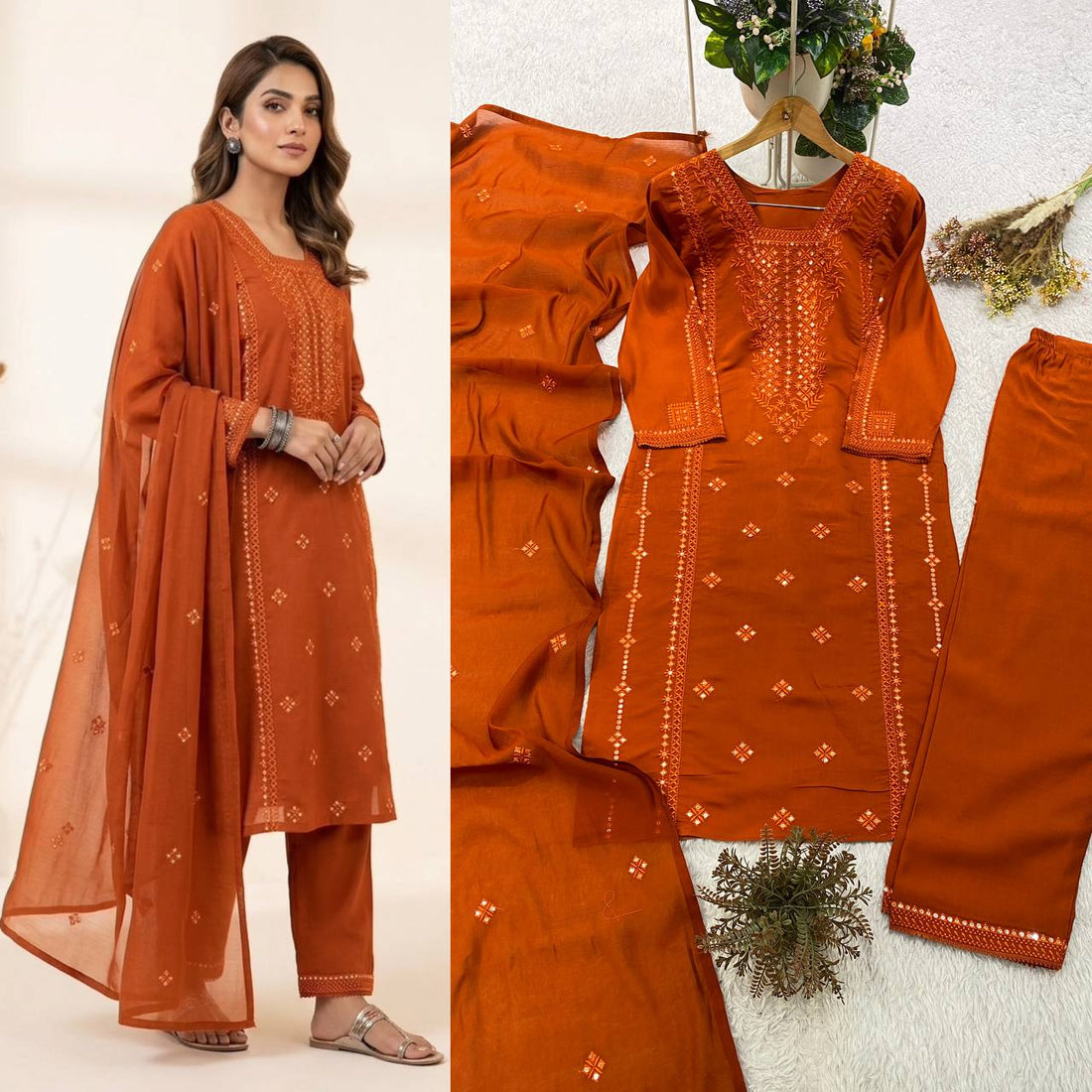 Designer Sequin Embroidered Top, Pant & Dupatta Set