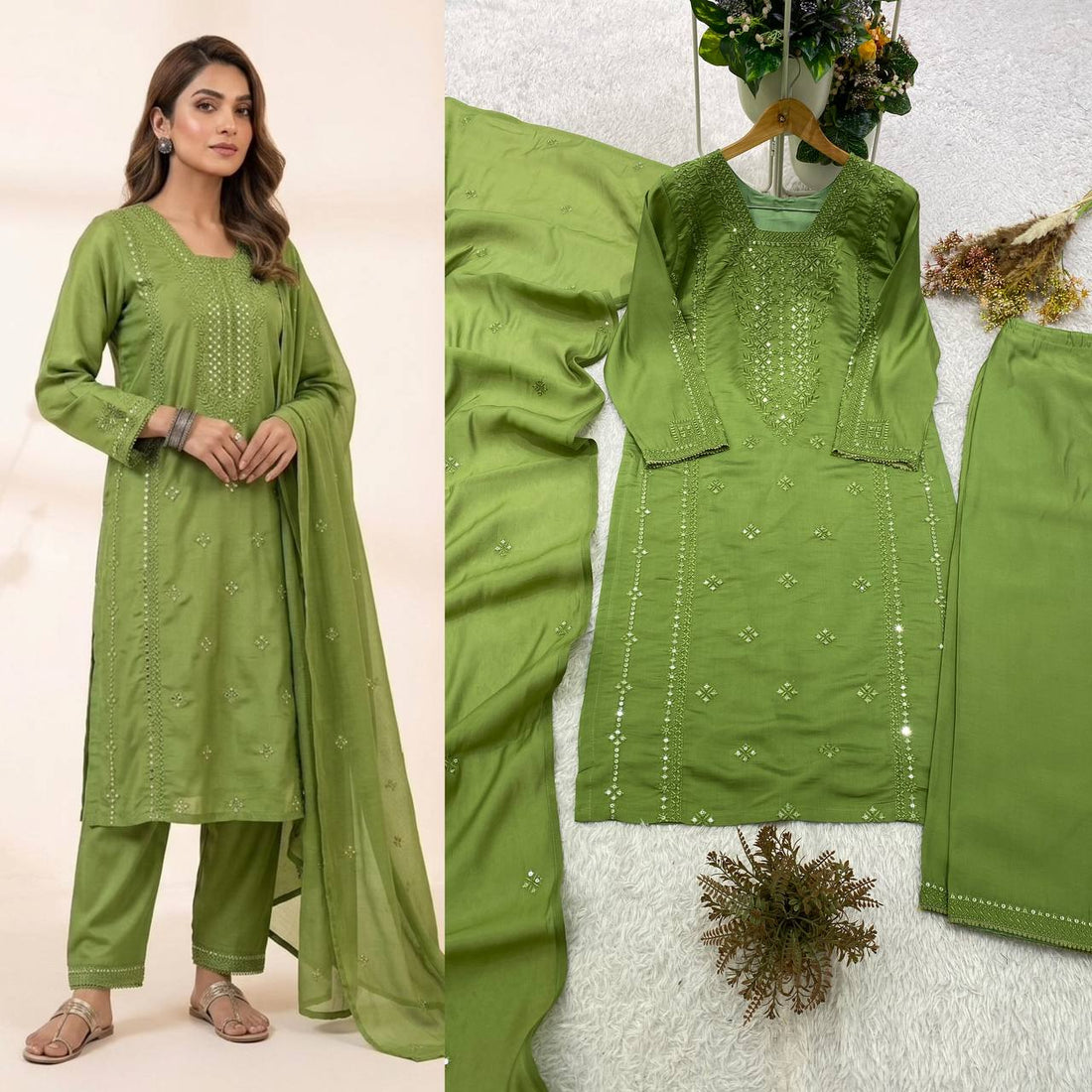 Designer Sequin Embroidered Top, Pant & Dupatta Set
