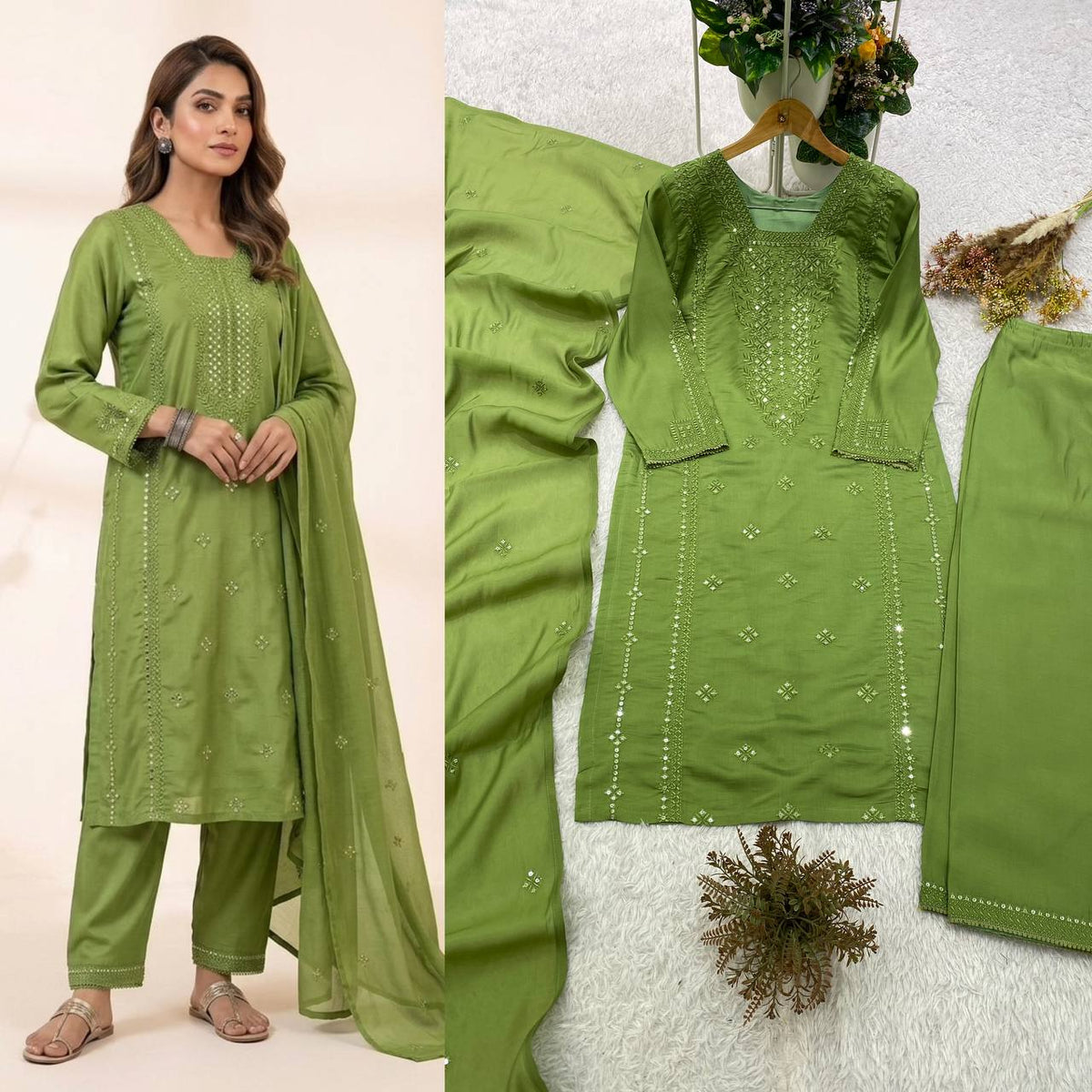 Designer Sequin Embroidered Top, Pant & Dupatta Set
