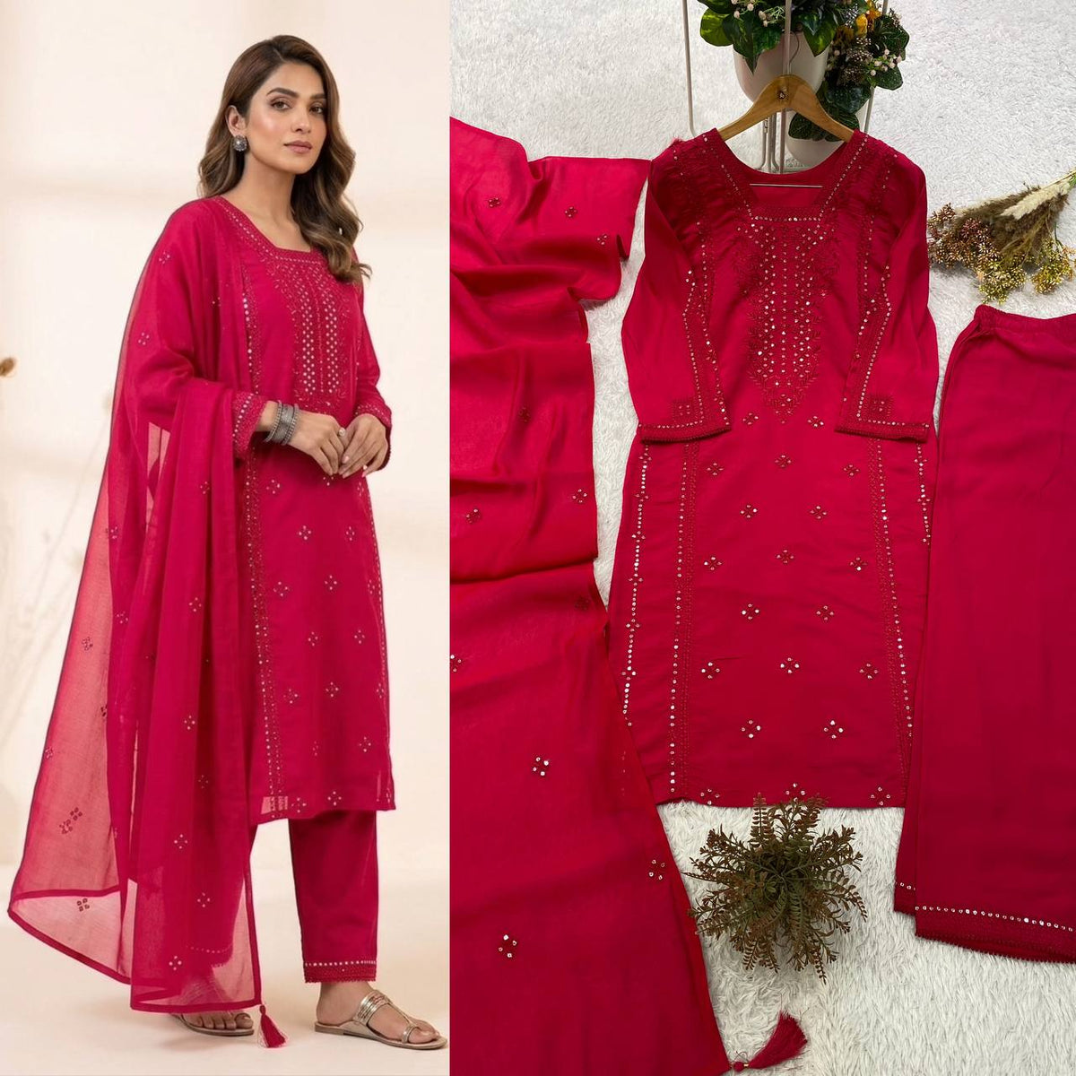 Designer Sequin Embroidered Top, Pant & Dupatta Set