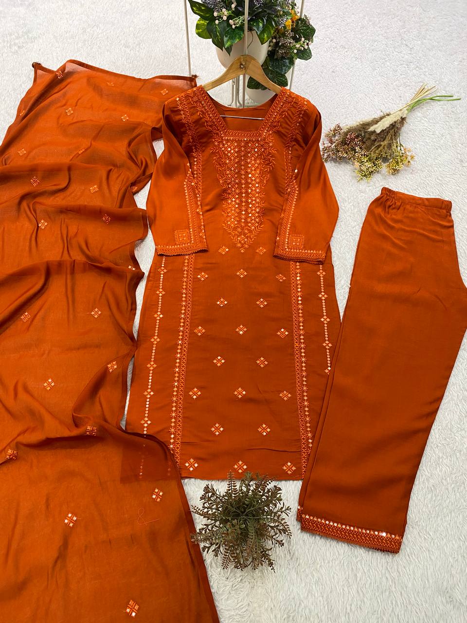 Designer Sequin Embroidered Top, Pant & Dupatta Set