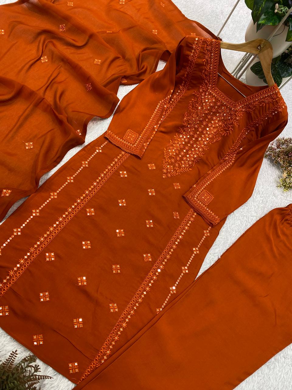 Designer Sequin Embroidered Top, Pant & Dupatta Set
