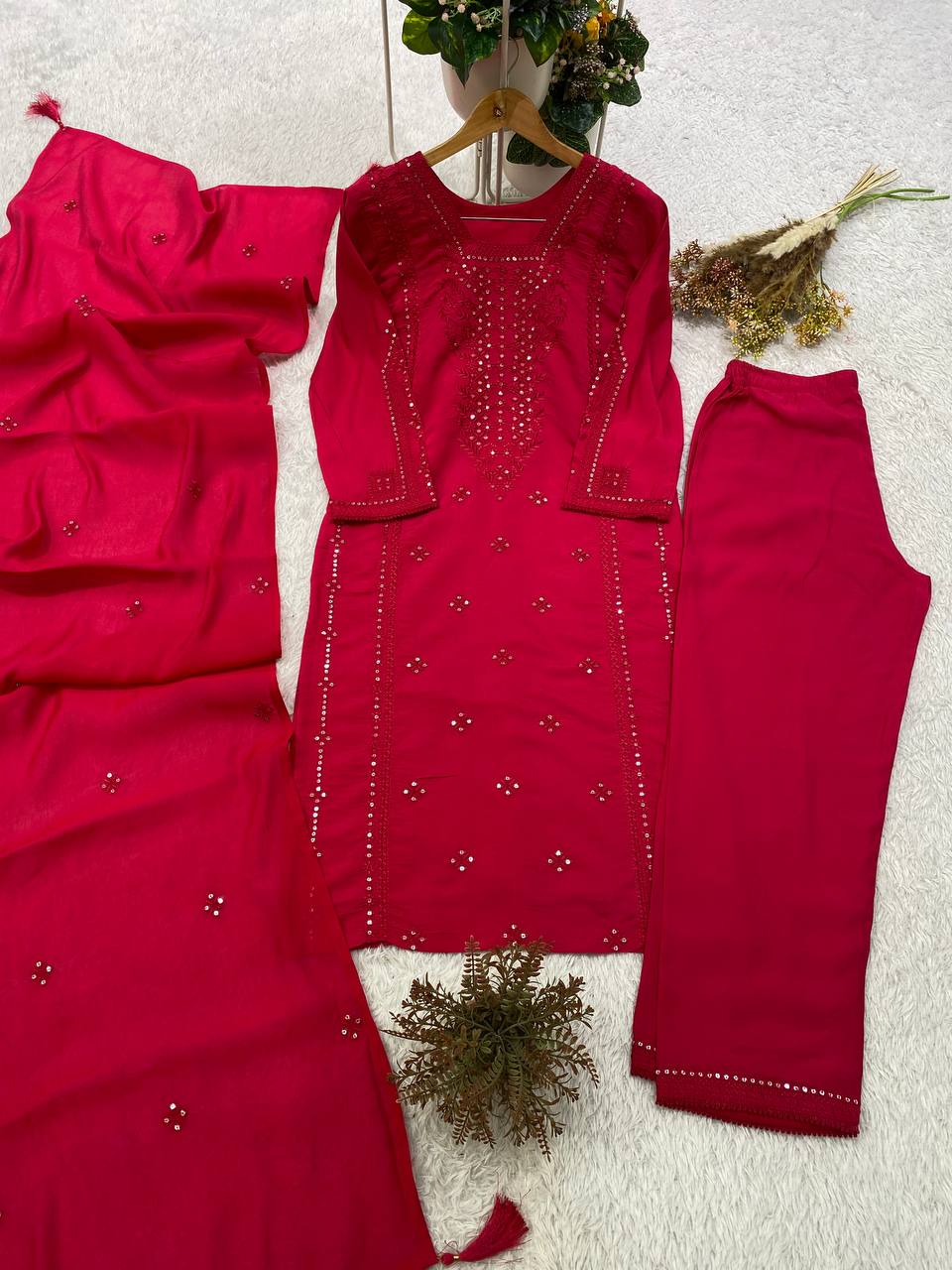 Designer Sequin Embroidered Top, Pant & Dupatta Set