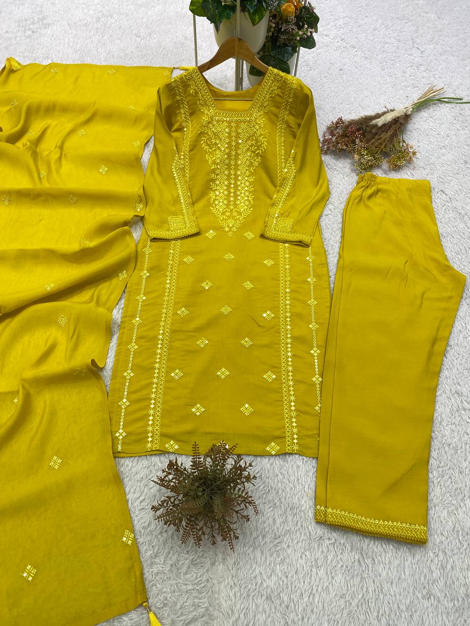Designer Sequin Embroidered Top, Pant & Dupatta Set