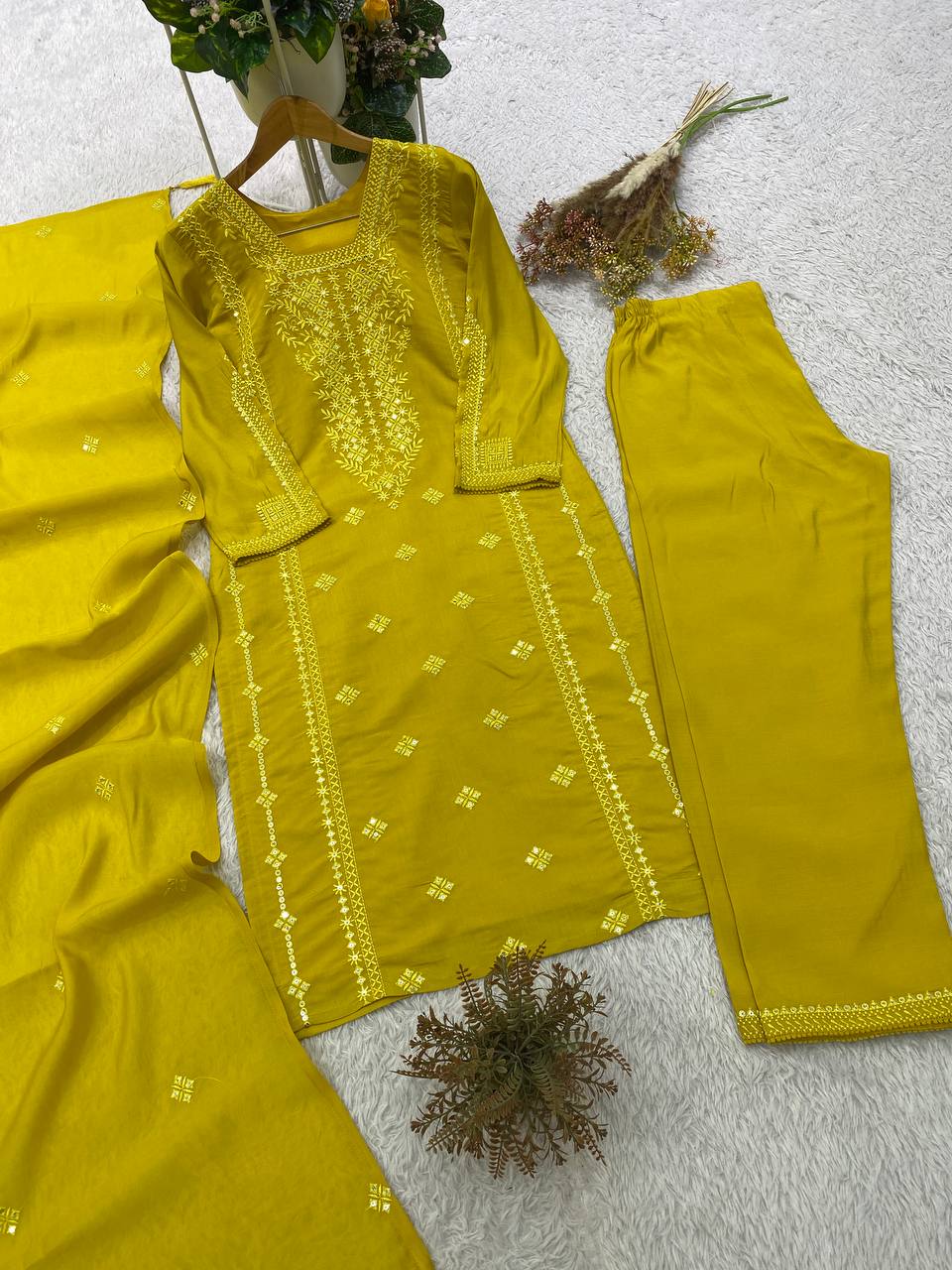 Designer Sequin Embroidered Top, Pant & Dupatta Set