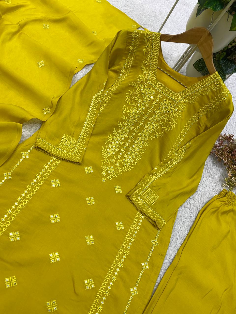 Designer Sequin Embroidered Top, Pant & Dupatta Set