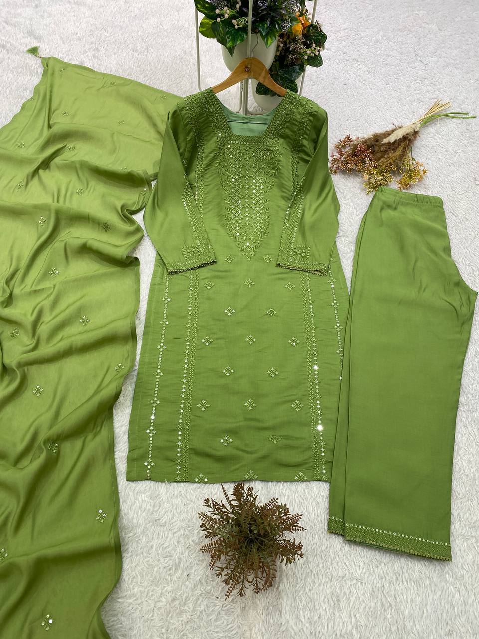 Designer Sequin Embroidered Top, Pant & Dupatta Set