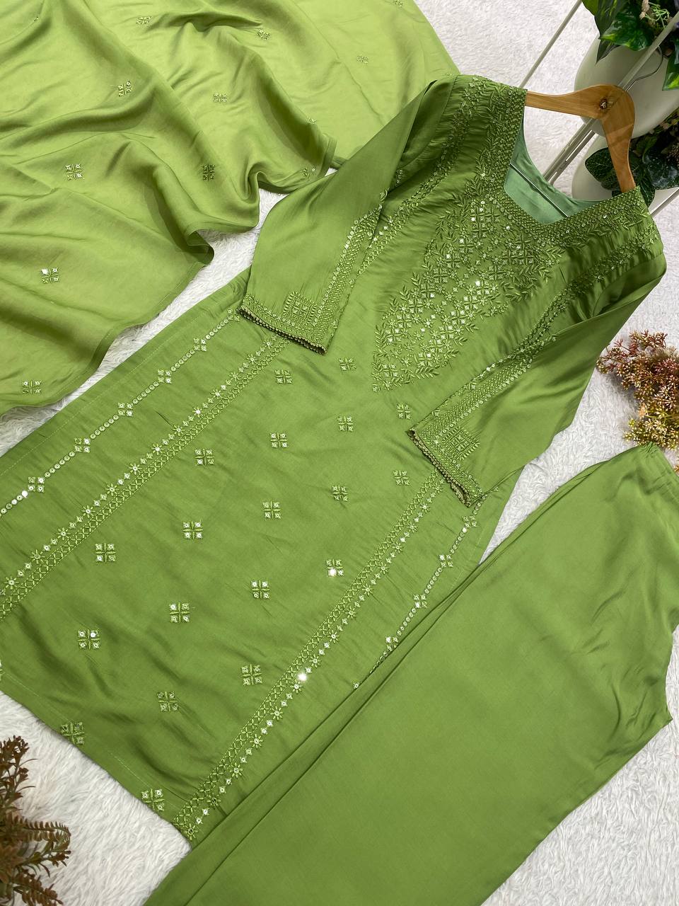 Designer Sequin Embroidered Top, Pant & Dupatta Set