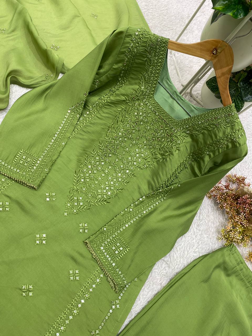Designer Sequin Embroidered Top, Pant & Dupatta Set