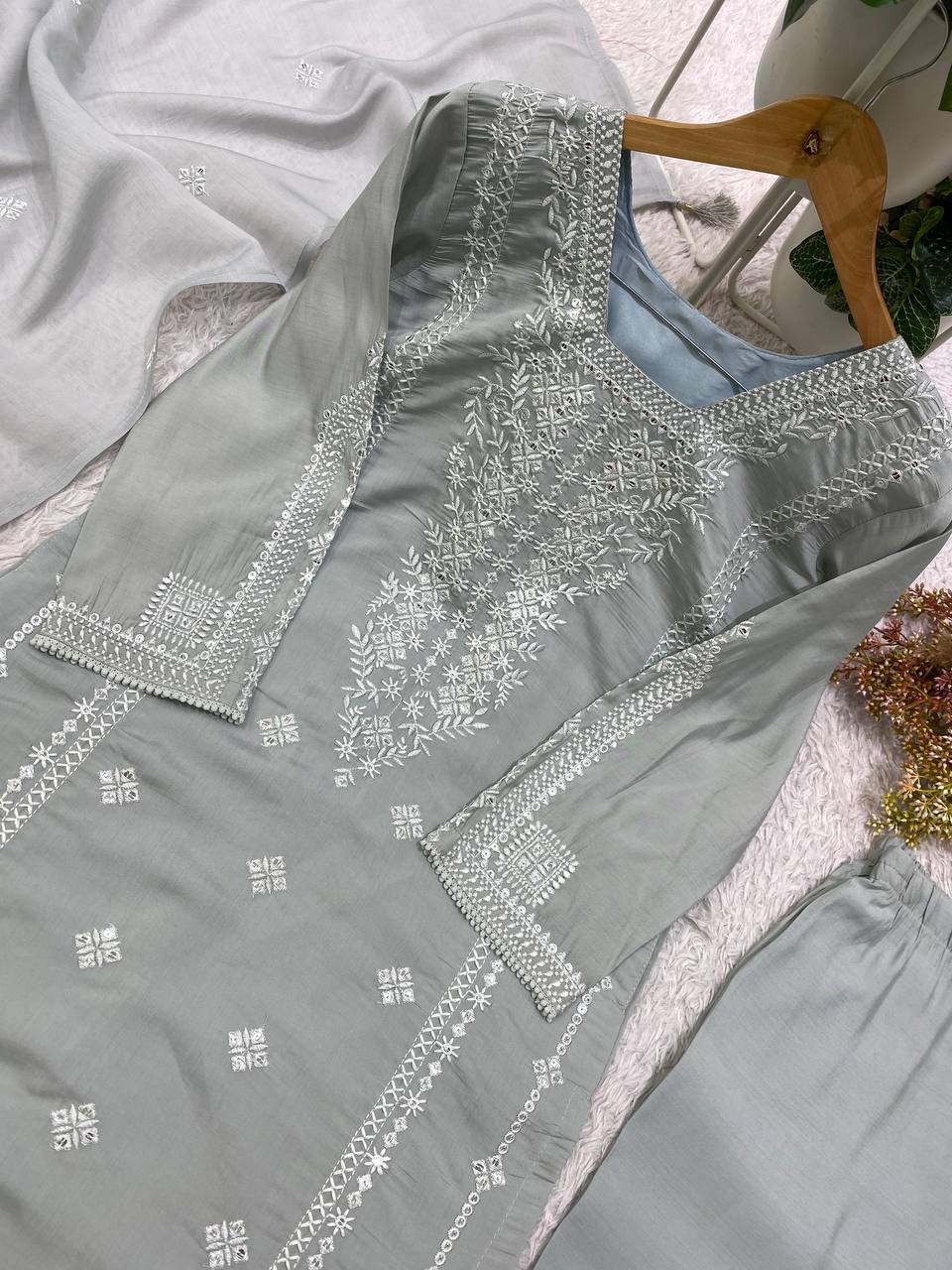 Designer Sequin Embroidered Top, Pant & Dupatta Set