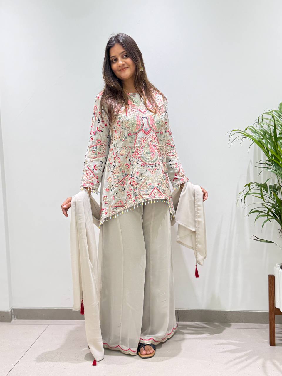 DESIGNER TOP AND PLAZZO WITH DUPATTA IN SEQUENCE EMBROIDERY WORK