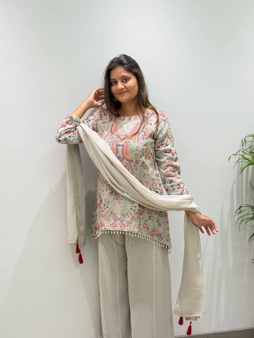 DESIGNER TOP AND PLAZZO WITH DUPATTA IN SEQUENCE EMBROIDERY WORK