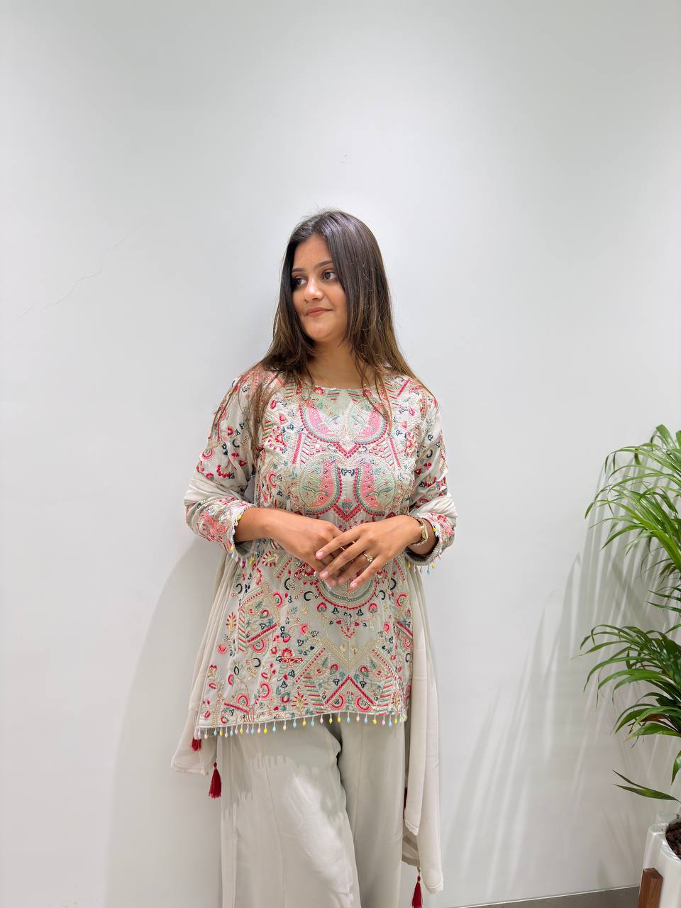 DESIGNER TOP AND PLAZZO WITH DUPATTA IN SEQUENCE EMBROIDERY WORK