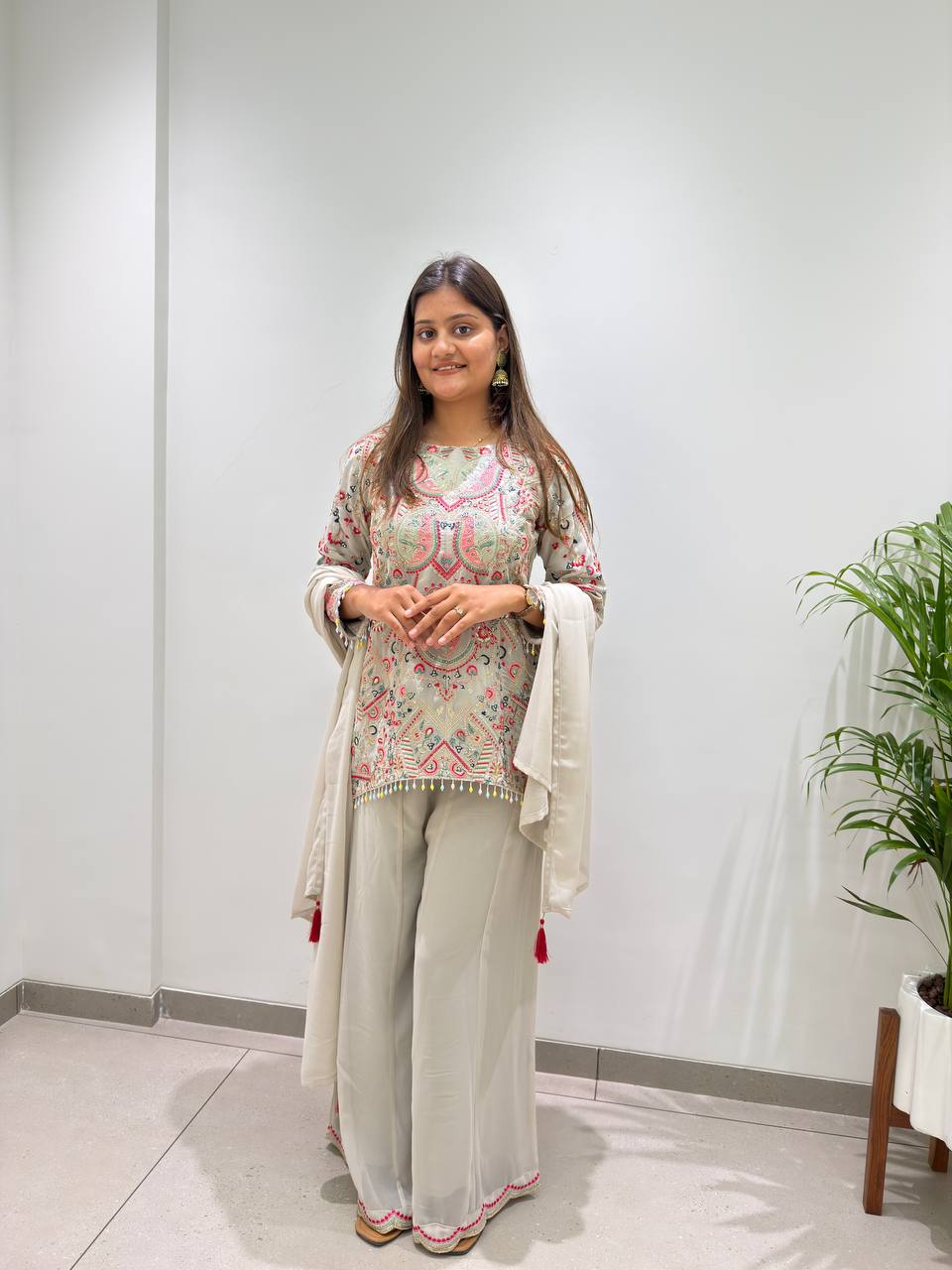 DESIGNER TOP AND PLAZZO WITH DUPATTA IN SEQUENCE EMBROIDERY WORK