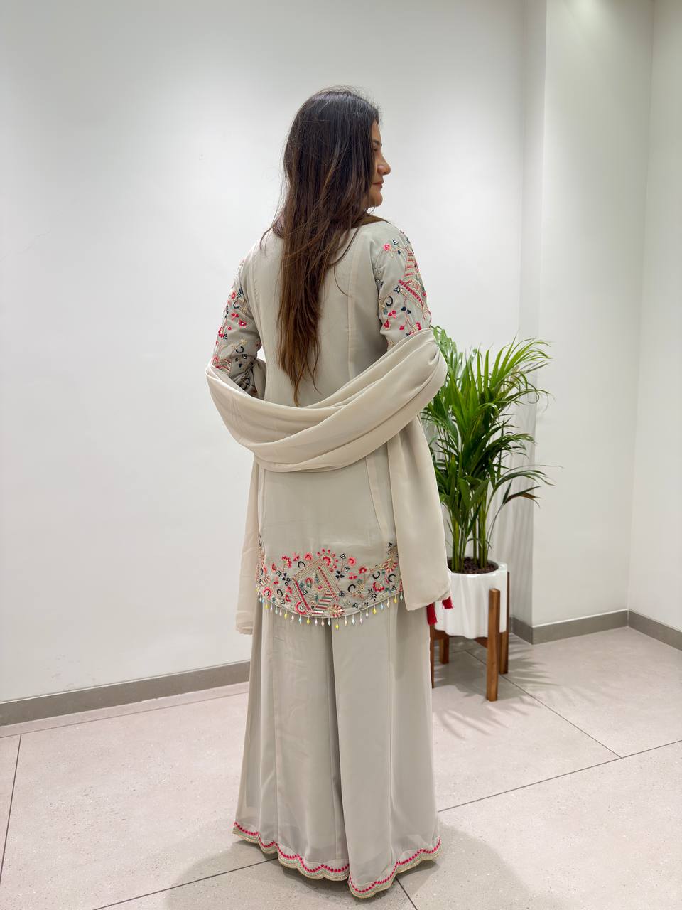 DESIGNER TOP AND PLAZZO WITH DUPATTA IN SEQUENCE EMBROIDERY WORK
