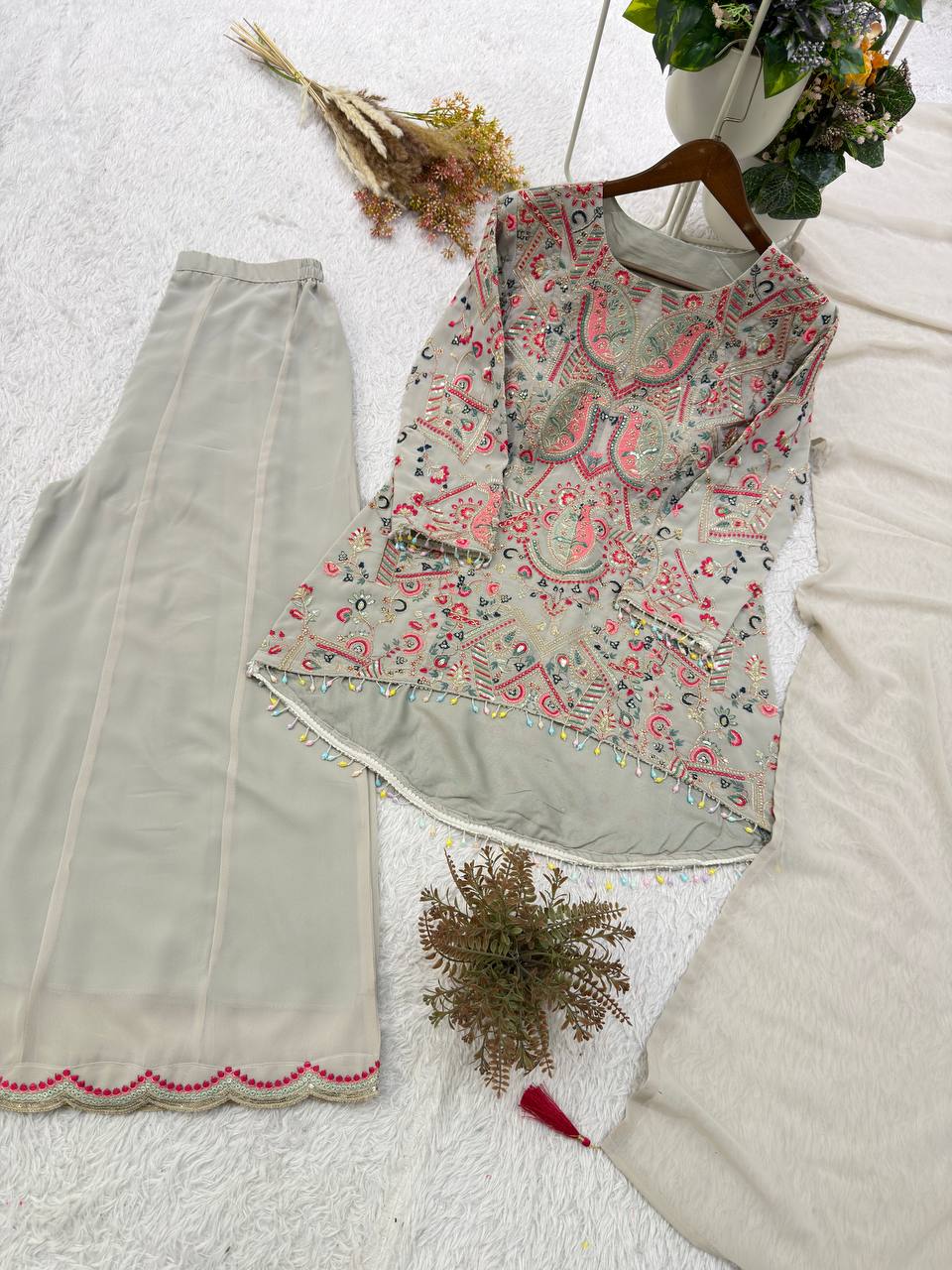 DESIGNER TOP AND PLAZZO WITH DUPATTA IN SEQUENCE EMBROIDERY WORK