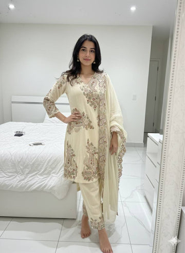 Perfect For Party And Wedding, Designer Wear Embroidered Top, Palazzo And Dupatta In Fendy