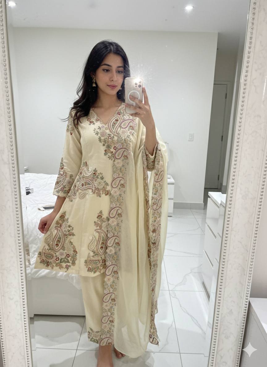 Perfect For Party And Wedding, Designer Wear Embroidered Top, Palazzo And Dupatta In Fendy