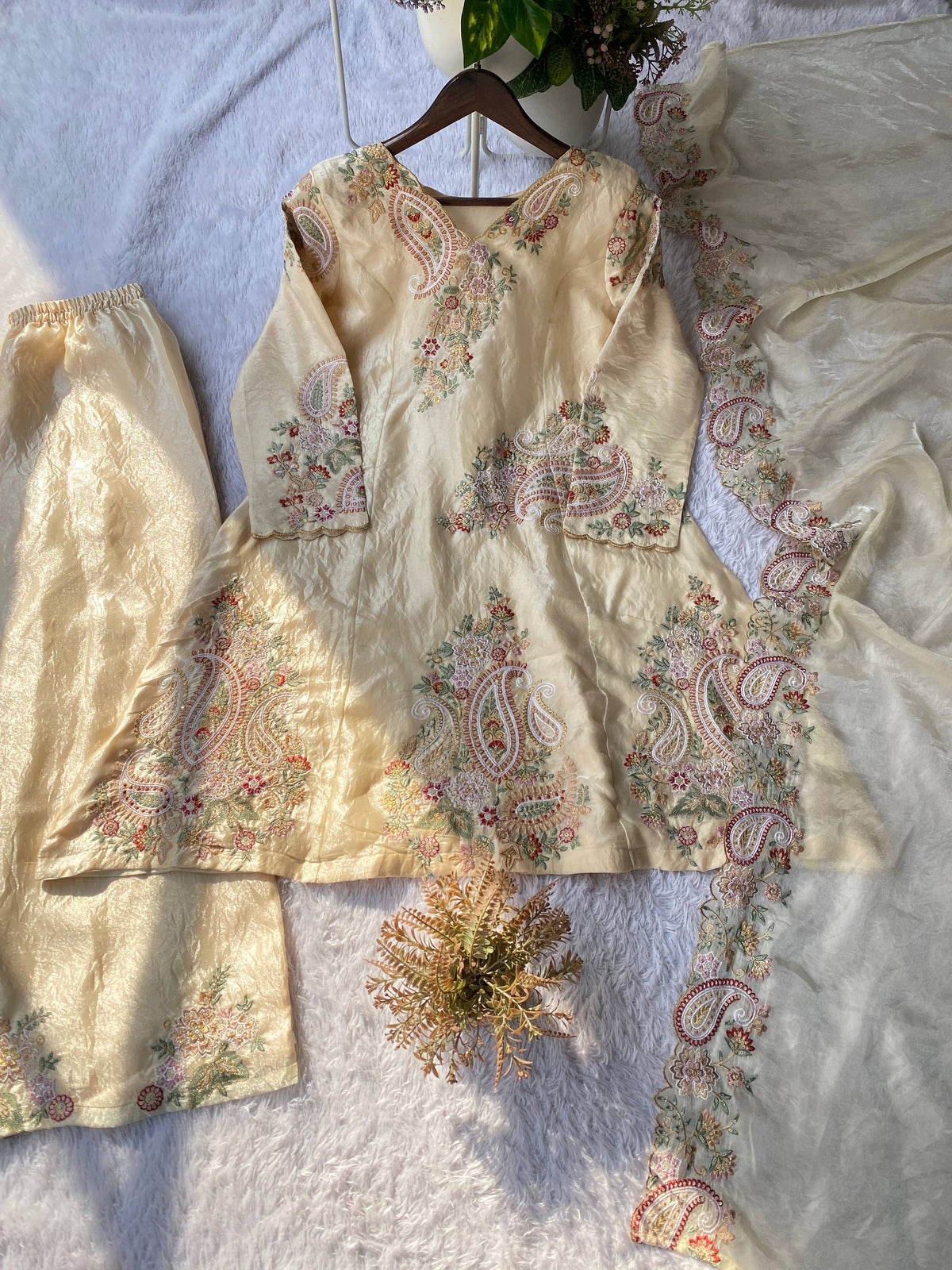 Perfect For Party And Wedding, Designer Wear Embroidered Top, Palazzo And Dupatta In Fendy