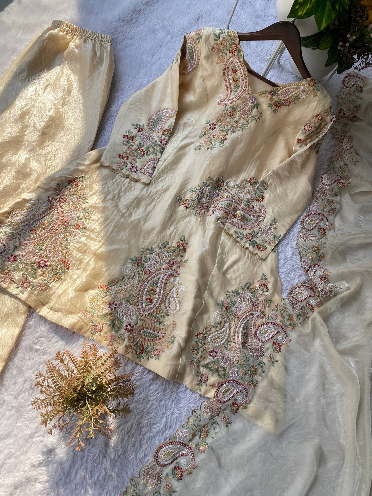 Perfect For Party And Wedding, Designer Wear Embroidered Top, Palazzo And Dupatta In Fendy
