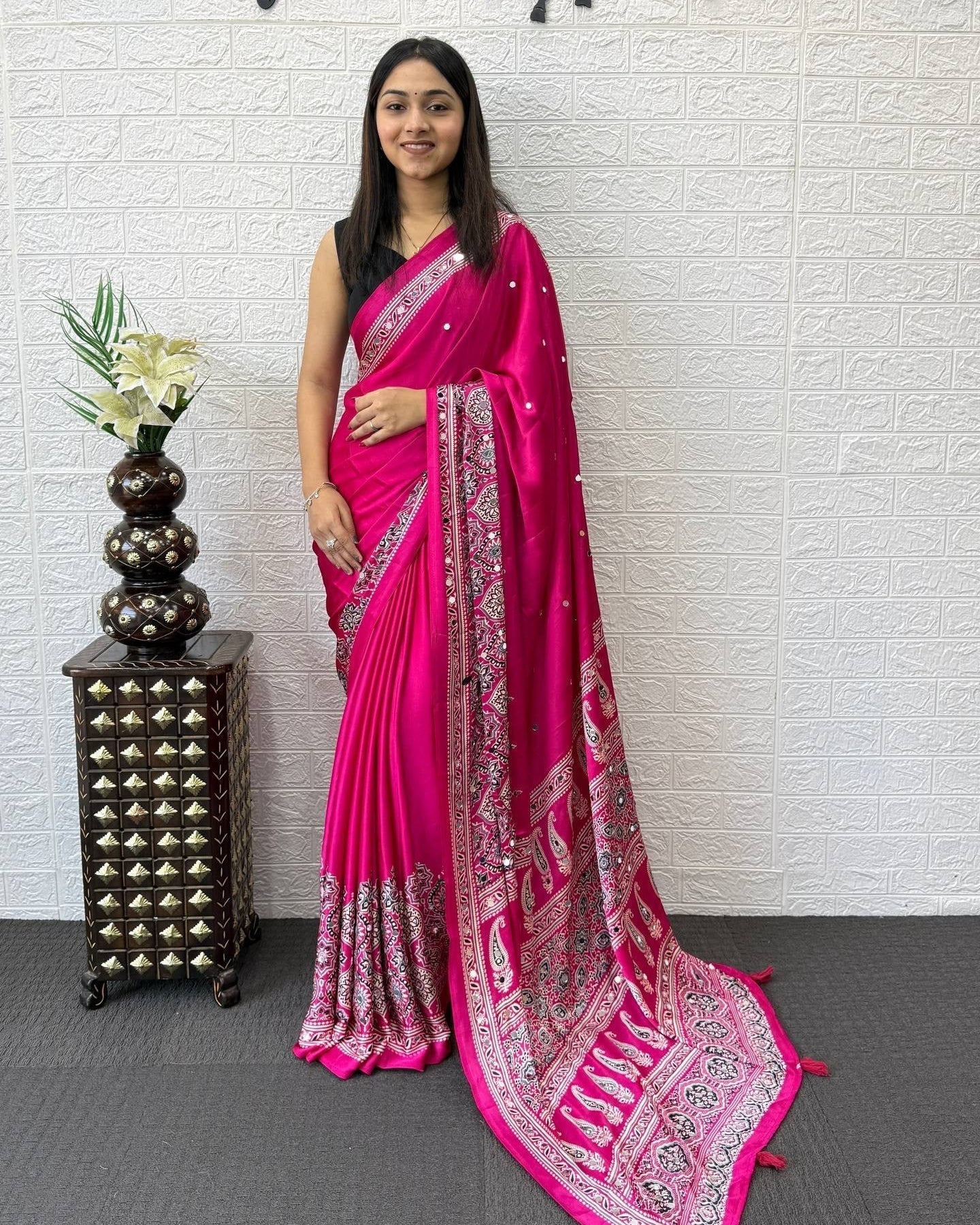 Rani Pink Modal Silk Saree with Heritage Paisley Pallu, Intricate Ethnic Border & Designer Traditional Print