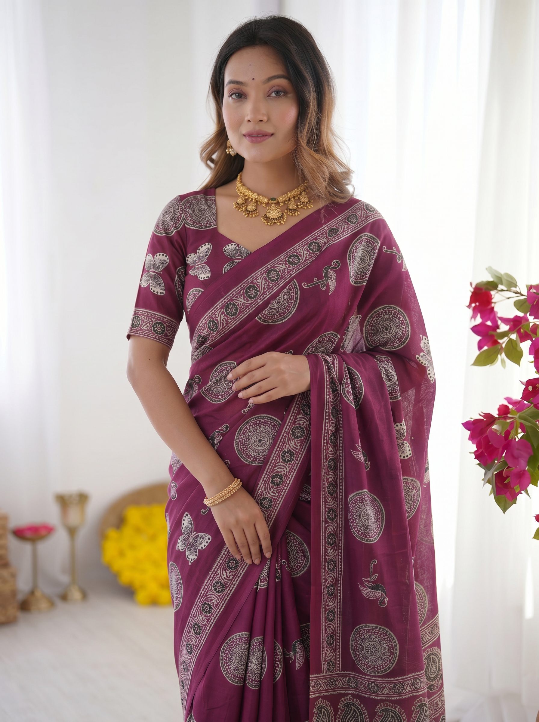 Wine Purple Modal Silk Saree with Traditional Circular Motif Print & Heritage Designer Pallu | Festive & Ethnic Wear Saree