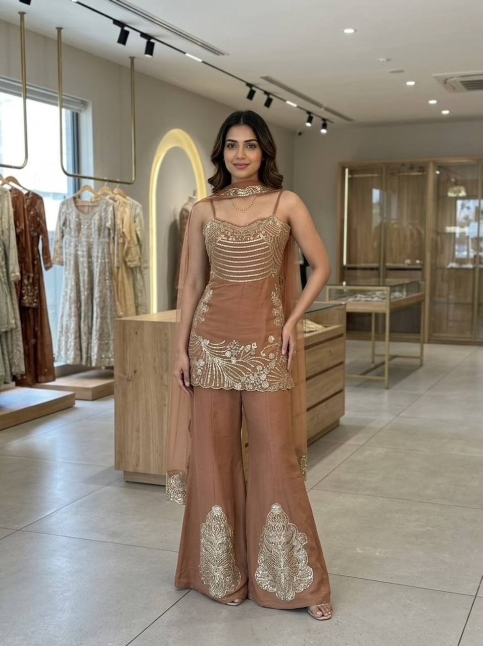 Embroidered And Jarkan Worked Top & Plazzo With Belt Dupatta