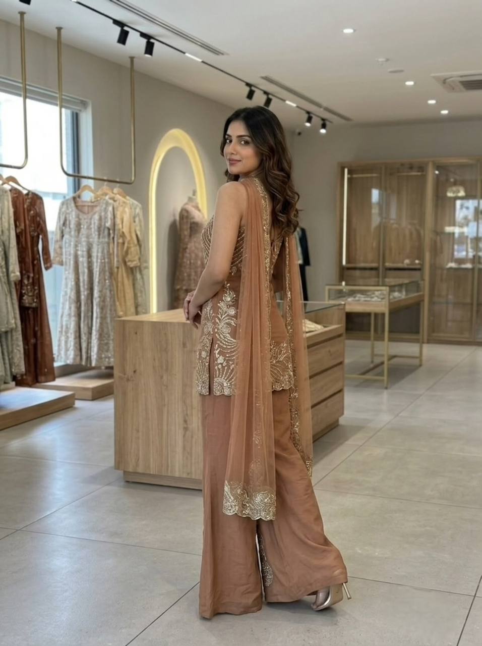 Embroidered And Jarkan Worked Top & Plazzo With Belt Dupatta