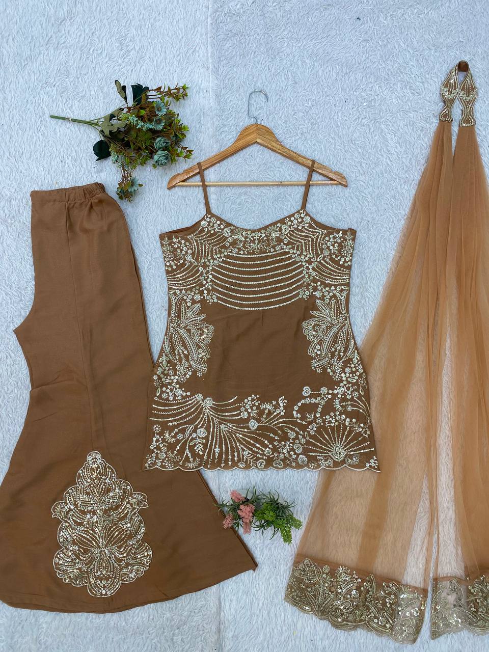 Embroidered And Jarkan Worked Top & Plazzo With Belt Dupatta