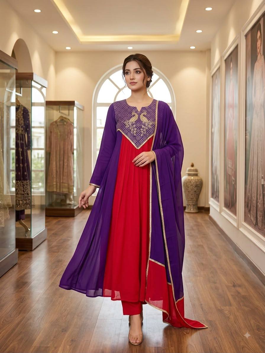 Festive Mul Chanderi Cording Sequin Embroidered Kurti Pant & Dupatta Set