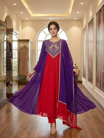 Festive Mul Chanderi Cording Sequin Embroidered Kurti Pant & Dupatta Set