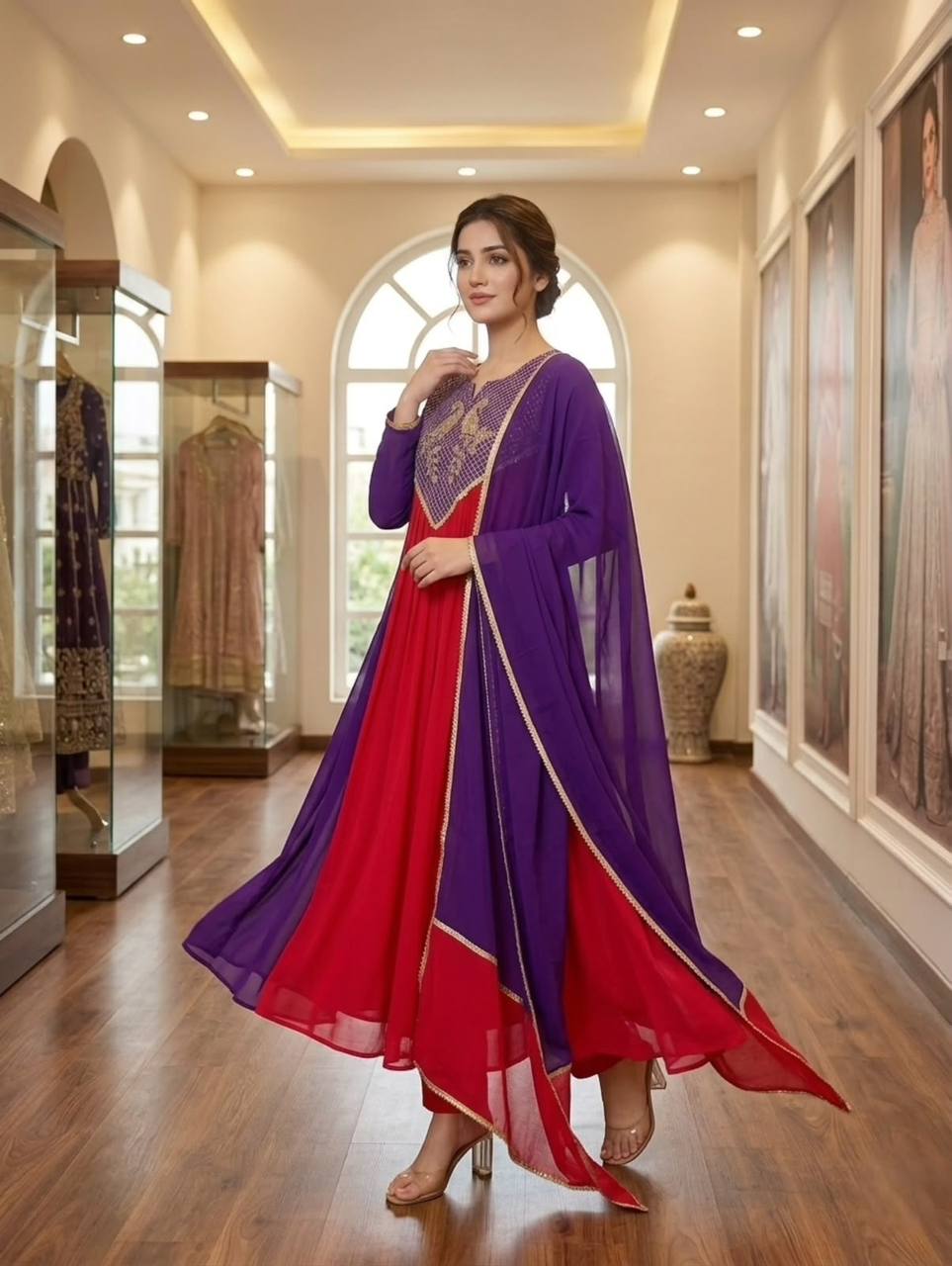 Festive Mul Chanderi Cording Sequin Embroidered Kurti Pant & Dupatta Set
