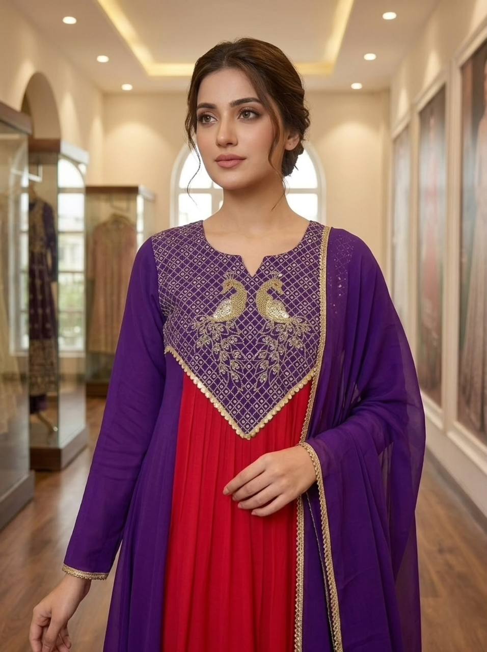 Festive Mul Chanderi Cording Sequin Embroidered Kurti Pant & Dupatta Set